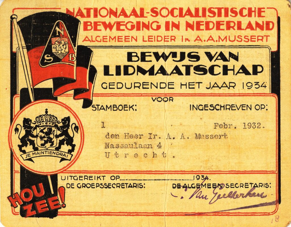 Lidmaatschapsbewijs van Anton Mussert, 1934.