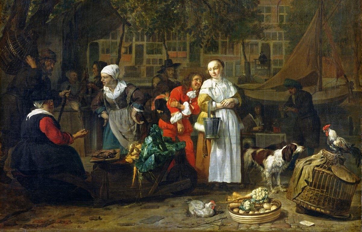 Kruidenmarkt in Amsterdam. Schilderij van Gabriel Metsu.