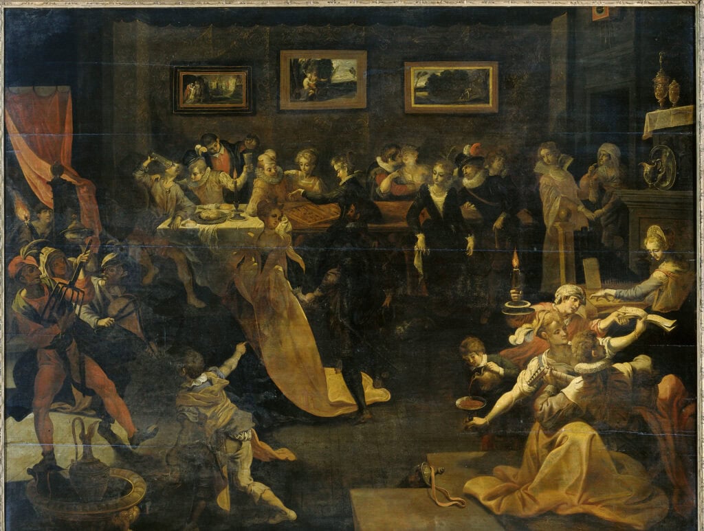 Tot in de vroege uurtjes wordt gedanst, gegeten en gespeeld. Rechts bij de deur een koppelaarster met een prostituee. Schilderij naar Joos van Winghe, 1580-1630.