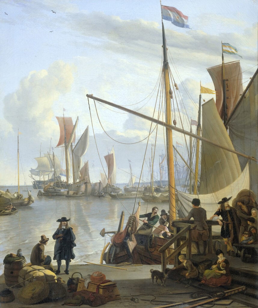 reizigers wachten op de Mosselsteiger aan het ij. reizen in de republiek is eenvoudig door de geringe afstanden en de vele transportmogelijkheden Schilderij van Ludolf Bakhuysen, 1673