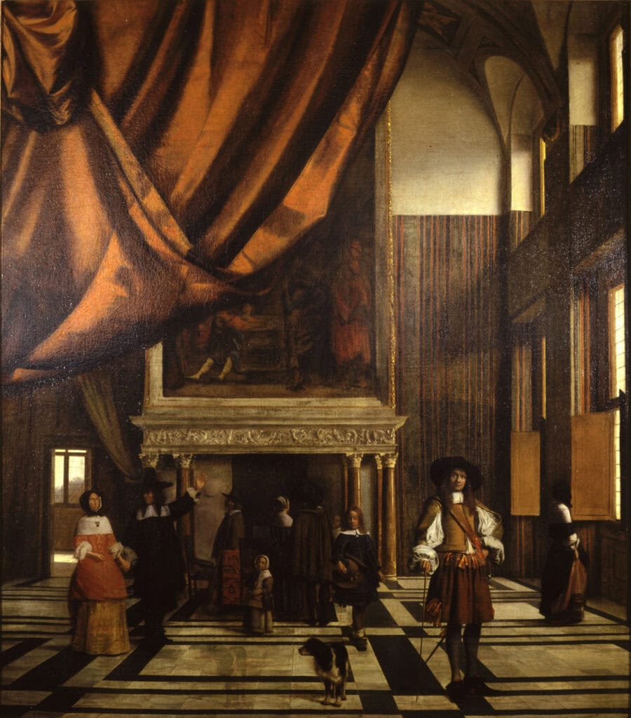 volgens de reisgidsen het meest indrukwekkende gebouw van het land. niet alleen de façade, ook het interieur wordt geroemd Vroedschapszaal, schilderij van Pieter de Hoogh.