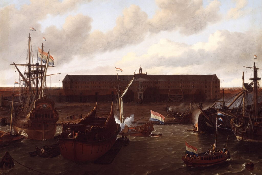 te missen: de werf van de VOC . het ZE emagazijn is alleen met speciale toestemming te bezoeken Schilderij van Ludolf Bakhuysen, 1696.