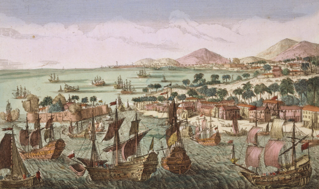 De Britse schepen vallen Sint Eustatius aan