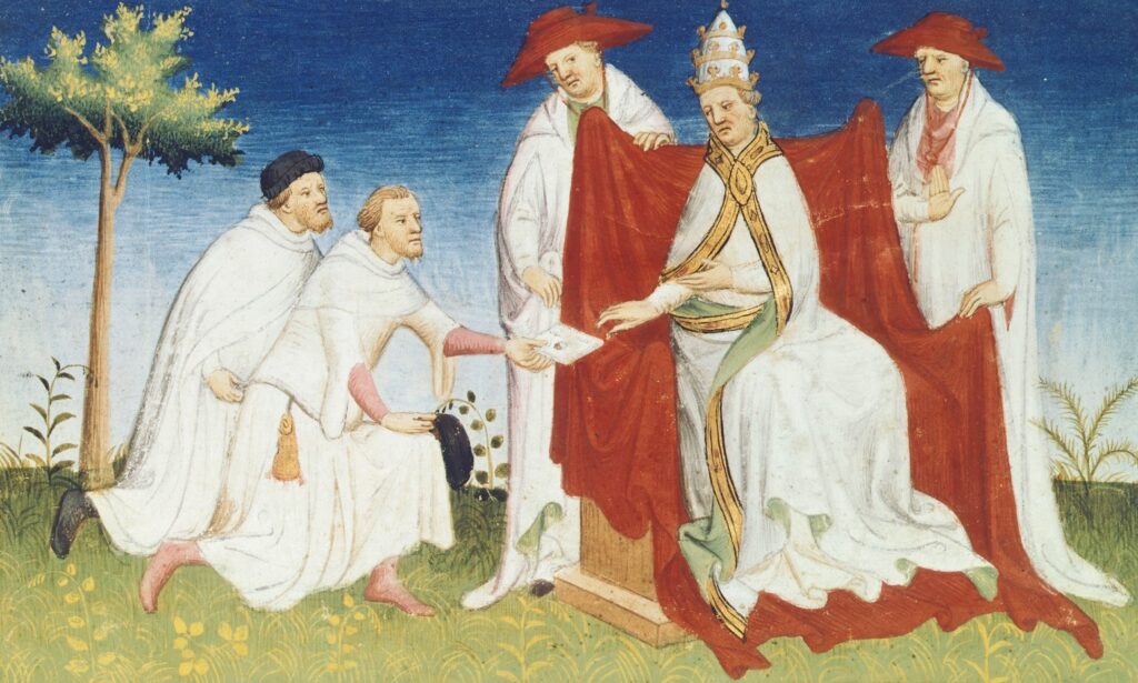 Niccolò en Maffeo Polo overhandigen paus Gregorius X brieven van de Grote Khan van het Mongoolse Rijk, die nieuwsgierig is naar het christendom