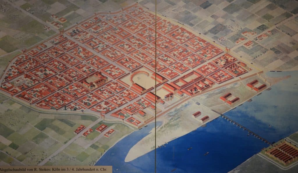 Reconstructie van de plattegrond van de derde- of vierde-eeuwse Colonia Claudia Ara Agrippinensium, oftewel Keulen.