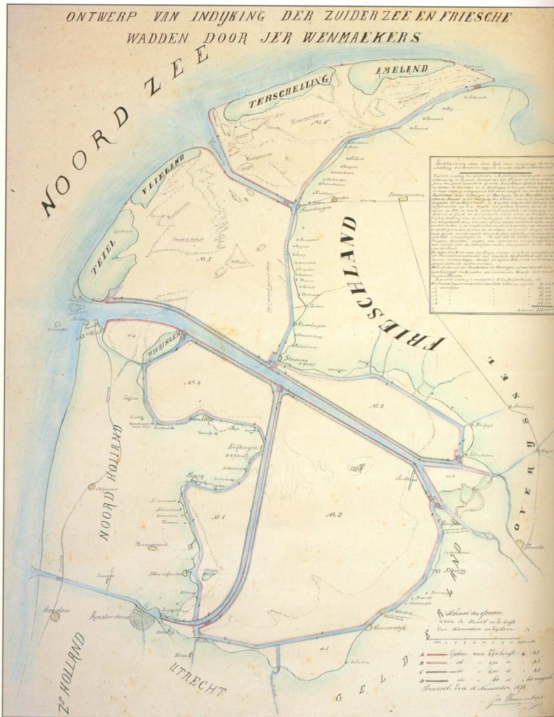 Nooit uitgevoerd ontwerp voor de drooglegging van de Zuiderzee en Wadden uit 1876
