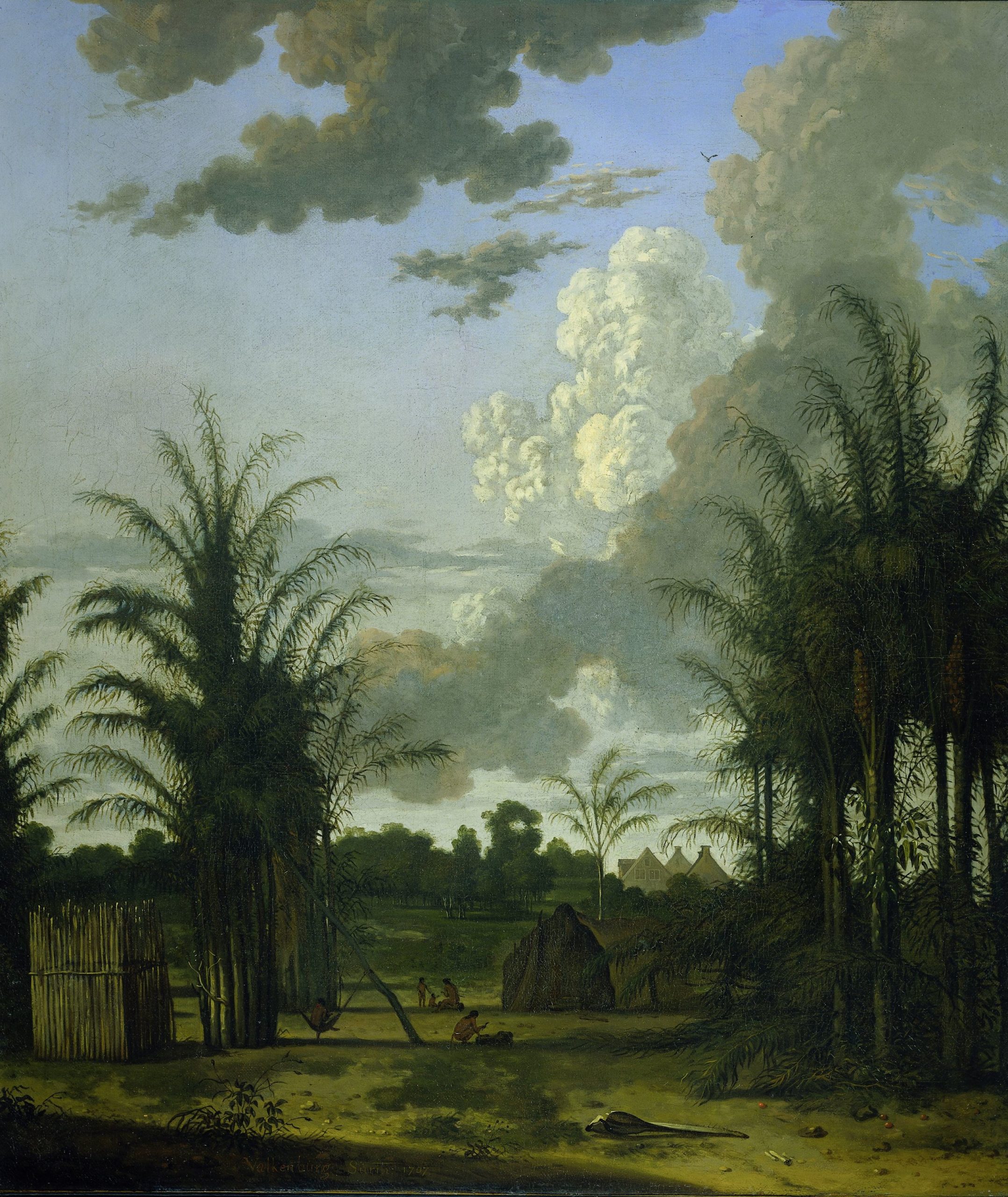 Sinaasappelplantage van de Amsterdamse regent Jonas Witsen in Suriname. Geschilderd door Dirk Valkenburg in 1707.