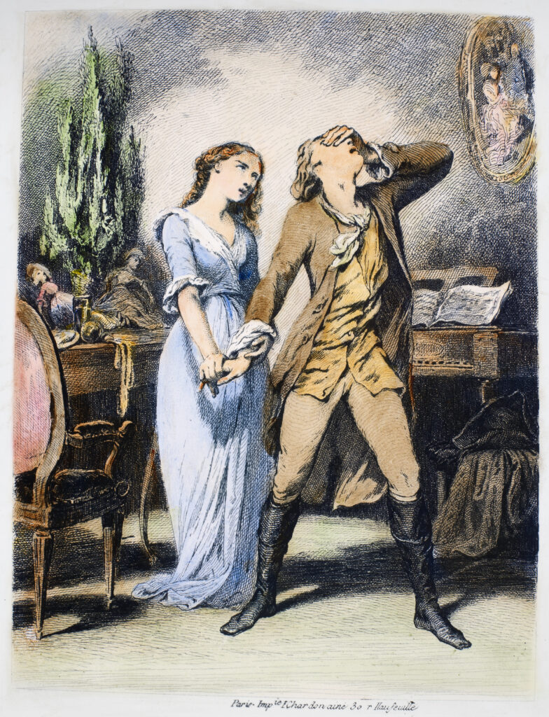 Gekweld neemt Werther afscheid van Lotte, zijn onbereikbare liefde. Gravure door Tony Johannot, 1844.