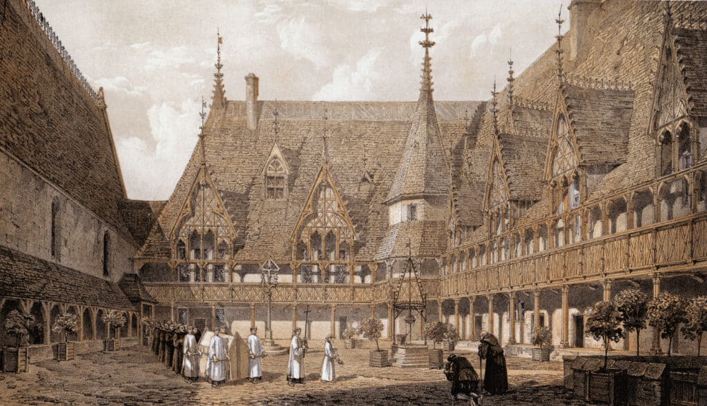 Het Hôtel-Dieu in Beaune is gesticht als ziekenhuis voor de armen door Nicolas Rolin. Negentiende-eeuwse gravure door Francis Bedford.