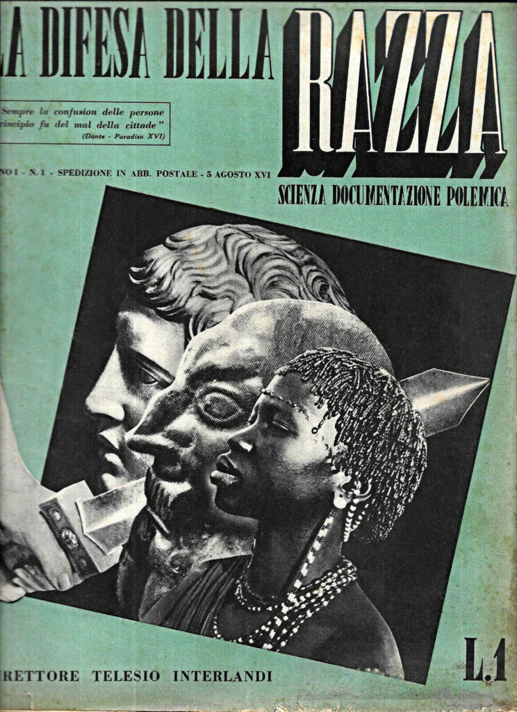 Cover van tijdschrift La difesa della razza. Een zwaard scheidt de rassen.