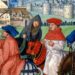 Pelgrims verlaten Canterbury. Vijftiende-eeuwse miniatuur door John Lydgate.