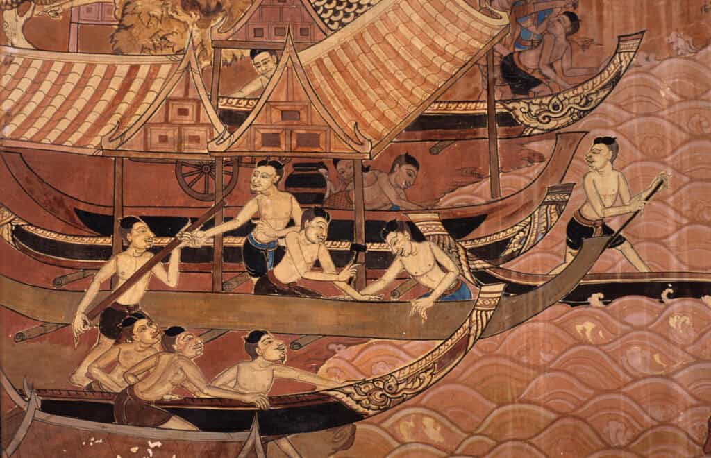 Botenbouwers op een muurschildering die de val van Ayutthaya in 1767 uitbeeldt. Thonburi Palace, Bangkok