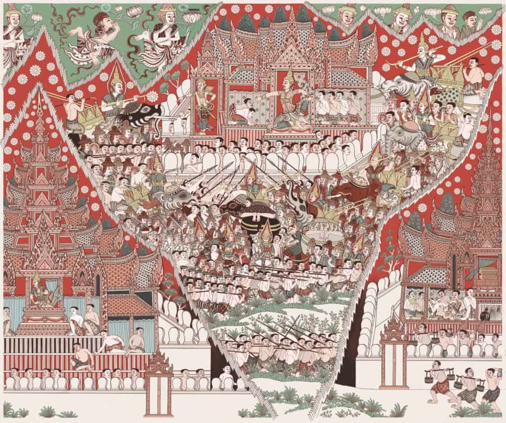 Kopie van een muurschildering uit de Wat Prasat tempel ten noorden van Bangkok. De muurschilderingen in tempels verbeelden vaak verhalen uit het leven van Boeddha. Langs de randen zijn scènes uit het dagelijks leven te zien.