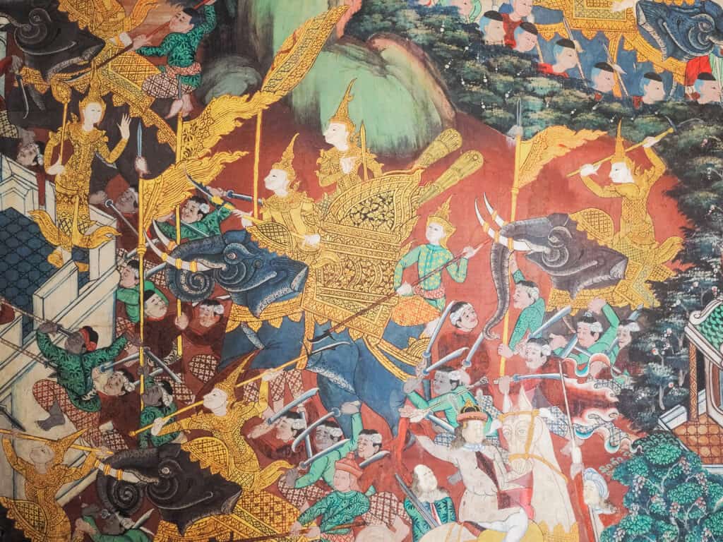 Olifanten zijn belangrijk als lastdieren en als onderdeel van de cavalerie. In 1500 telt Ayutthaya er zo’n 500, in 1550 zijn het er 10.000. Muurschildering in de Wat Klang Bang Kaeo tempel in Centraal Thailand.