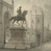 Potloodtekening door Ludwig Rohbock (1850). Achter het beeld de Gotische Galerij. Rechts een deel van het paleis Noordeinde.