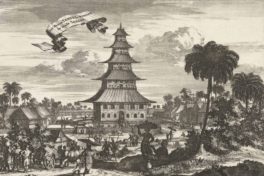 Gezicht op de pagode-achtige moskee van Japara op Java. Ets door Coenraet Decker, 1676. 