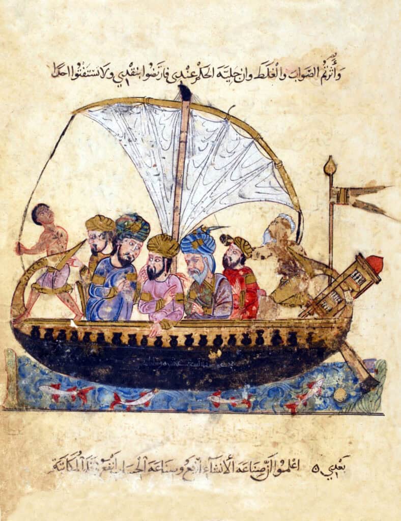 Arabieren op een dhow in de buurt van Irak, circa 1240. 