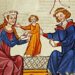Koppel met kind. Illuminatie uit een veertiende-eeuws manuscript..