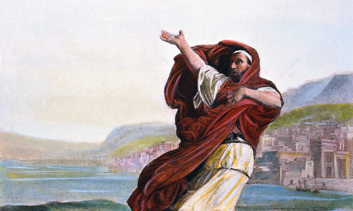 Demosthenes oefent zijn stem aan de kust. Kopie van een schilderij door Jean-Jules-Antoine Lecomte du Noüy, 1870.
