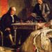 Benjamin Franklin speelt een potje schaak.
