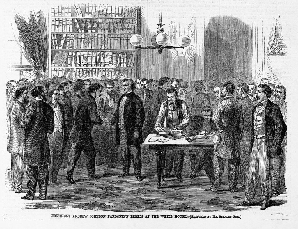 Andrew Johnson verleent gratie aan Zuiderlingen Harpers Weekly 1865