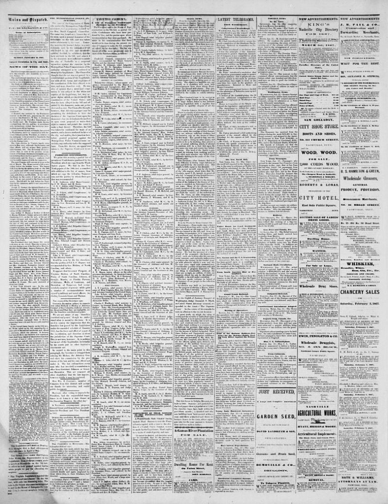 De Nashville Telegraph and Union publiceert een lange lijst namen van de Amerikanen die gratie krijgen, 1867.