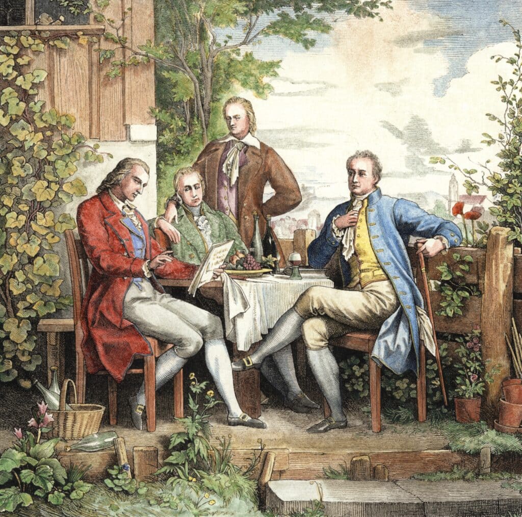 Romantische denkers Friedrich Schiller, Wilhelm en Alexander von Humboldt en Johann Wolfgang von Goethe in Jena, 1794