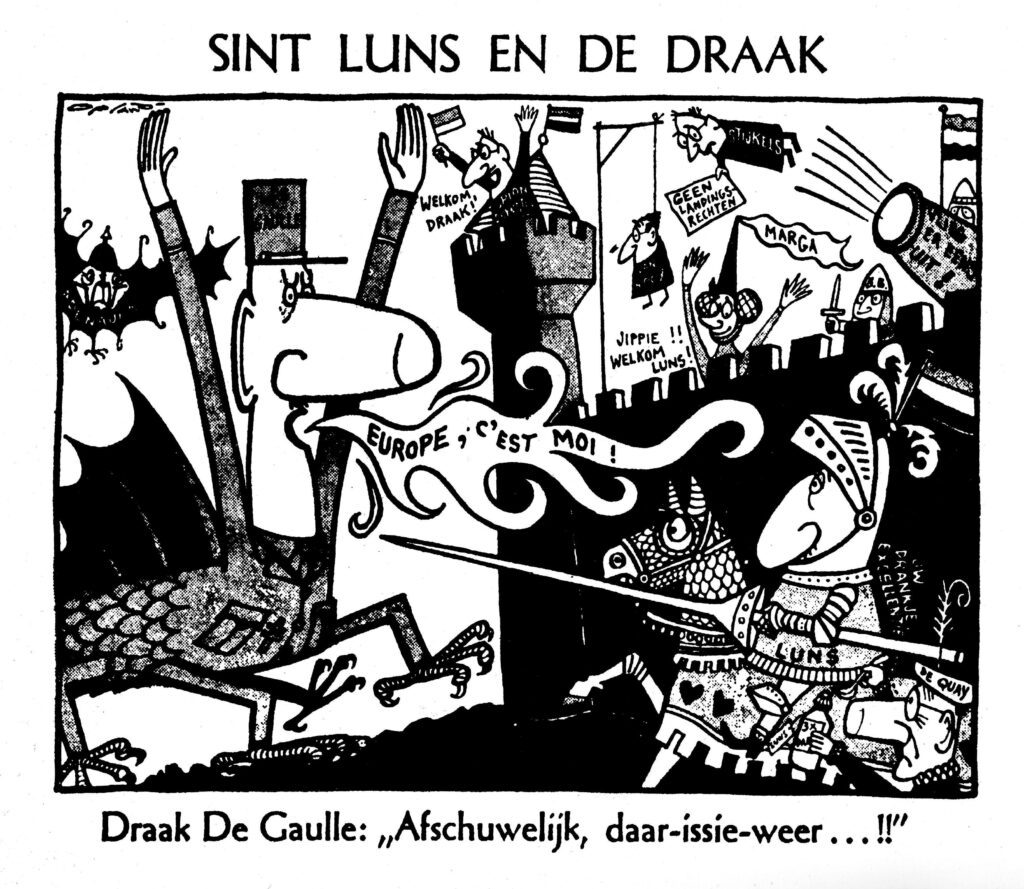 In een cartoon strijdt ridder Luns tegen draak De Gaulle