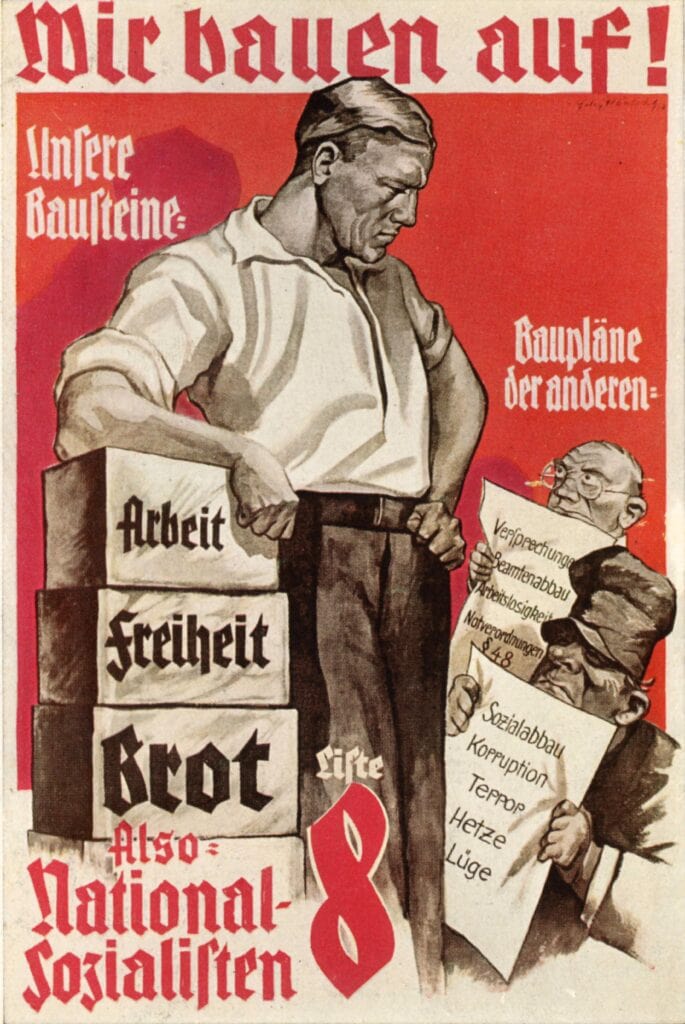 Deze naziposter hamert op werk, vrijheid en brood