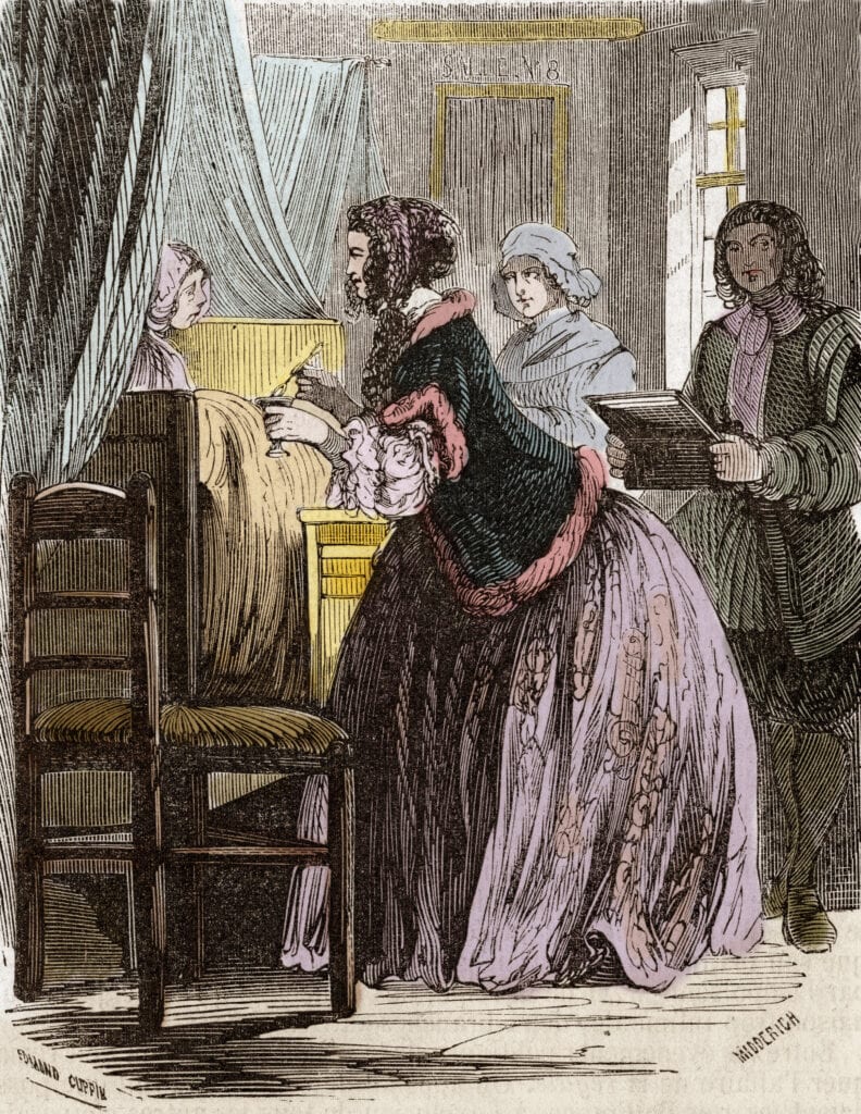 De markiezin de Brinvilliers vergiftigt patiënten in het Hôtel-Dieu in Parijs