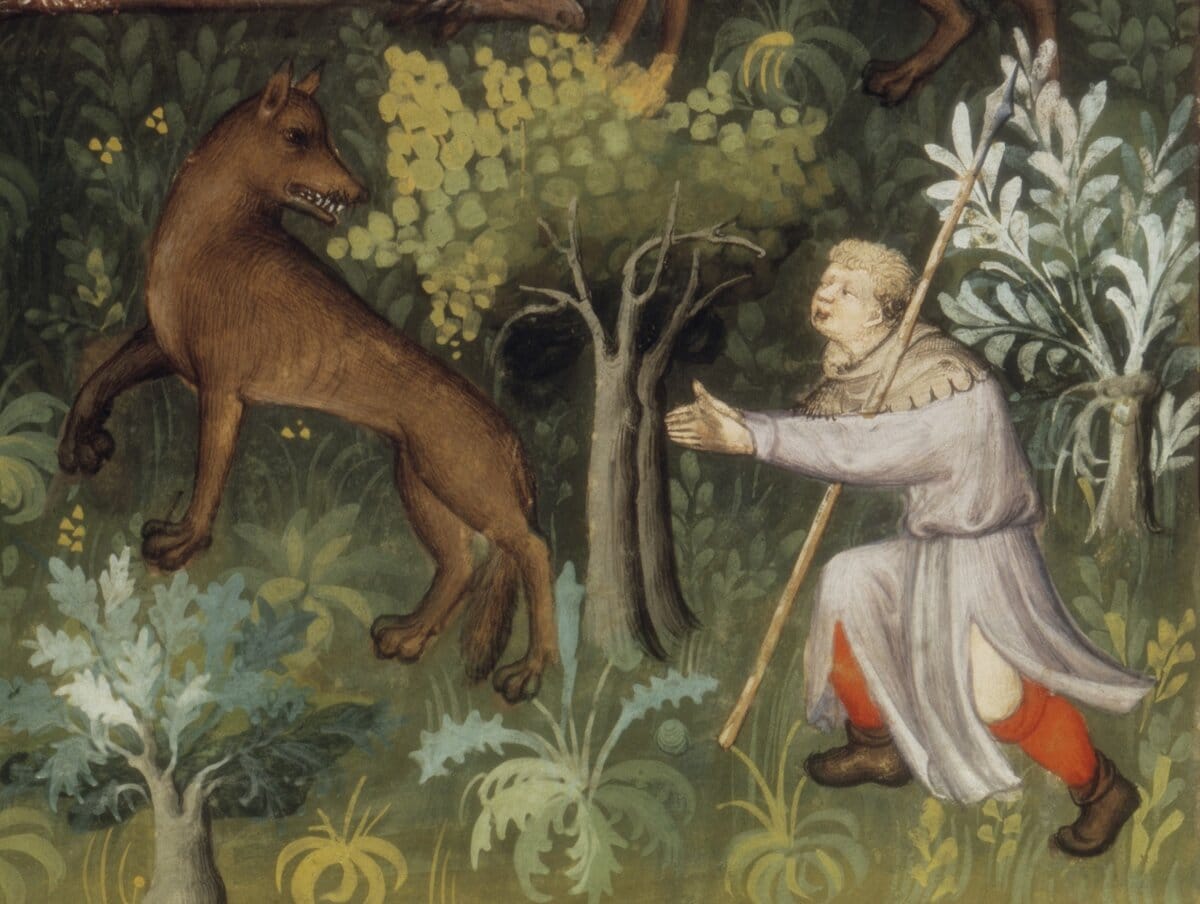 De wolvenjacht. Miniatuur uit een vijftiende-eeuws Frans manuscript