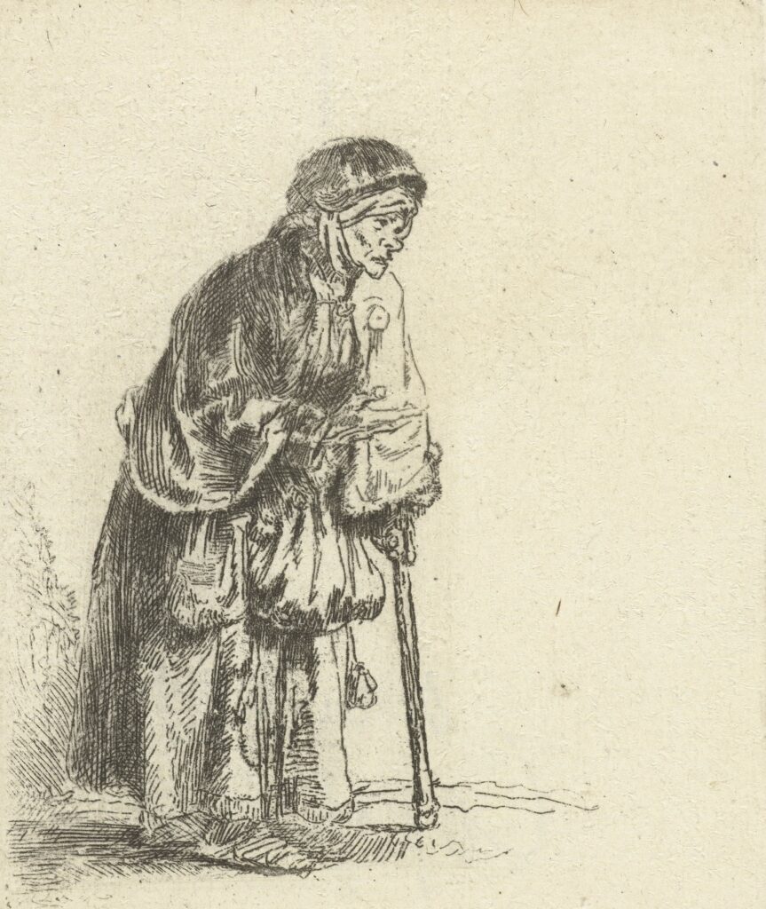 Een bedelende vrouw. Tekening door Rembrandt