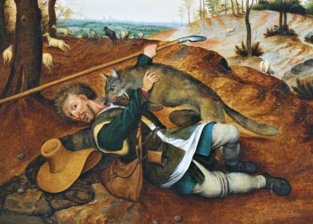 Een herder vecht met een wolf. Schilderij door Pieter Brueghel de Jonge