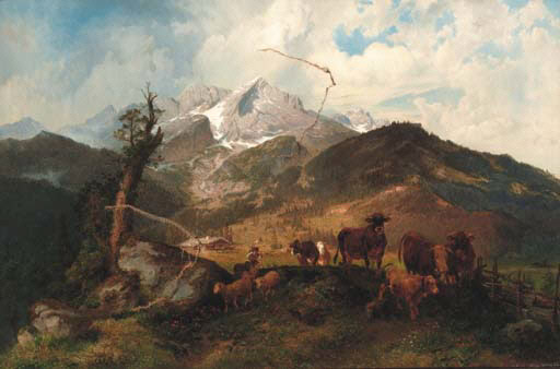 Herder met vee in Alpen