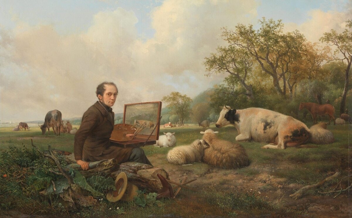 Zelfportret met vee door Hendrikus van de Sande Bakhuyzen