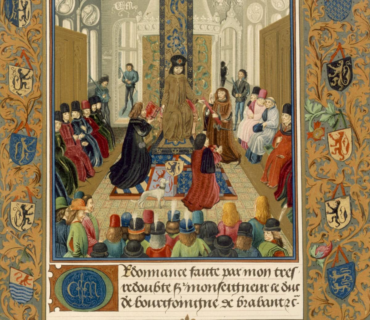 Het hof van Karel de Stoute, vijftiende-eeuwse manuscript-illustratie