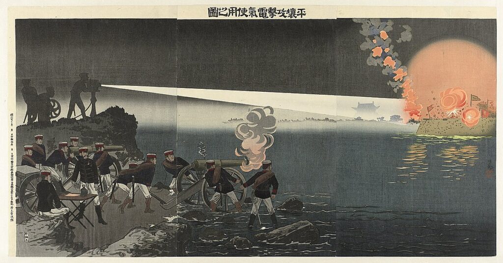 Japanse leger gebruikt een zoeklicht bij de aanval op Pyongyang