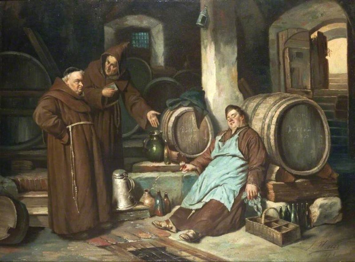 Een dronken monnik in een drankkelder. Schilderij door Joseph Haier, 1873