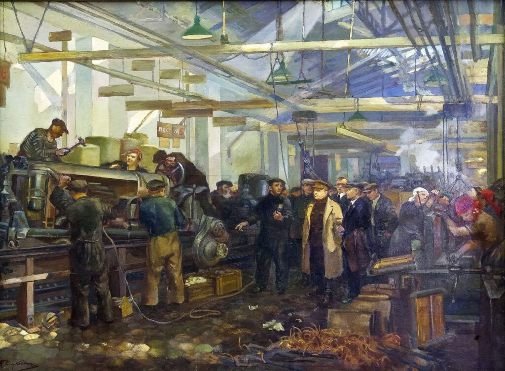 Sergej Kirov, partijleider van Leningrad, bezoekt een machinefabriek