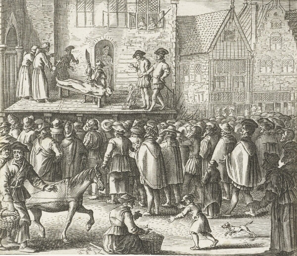 Terechtstelling van wederdopers op het schavot op de Dam