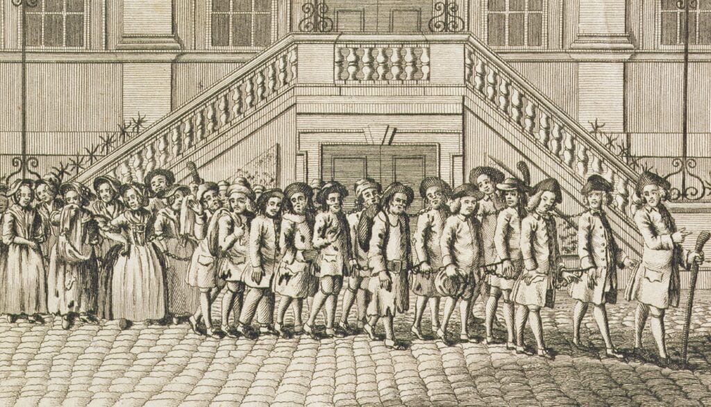 Geketende gevangenen op weg van gevangenis Newgate in Londen naar de haven