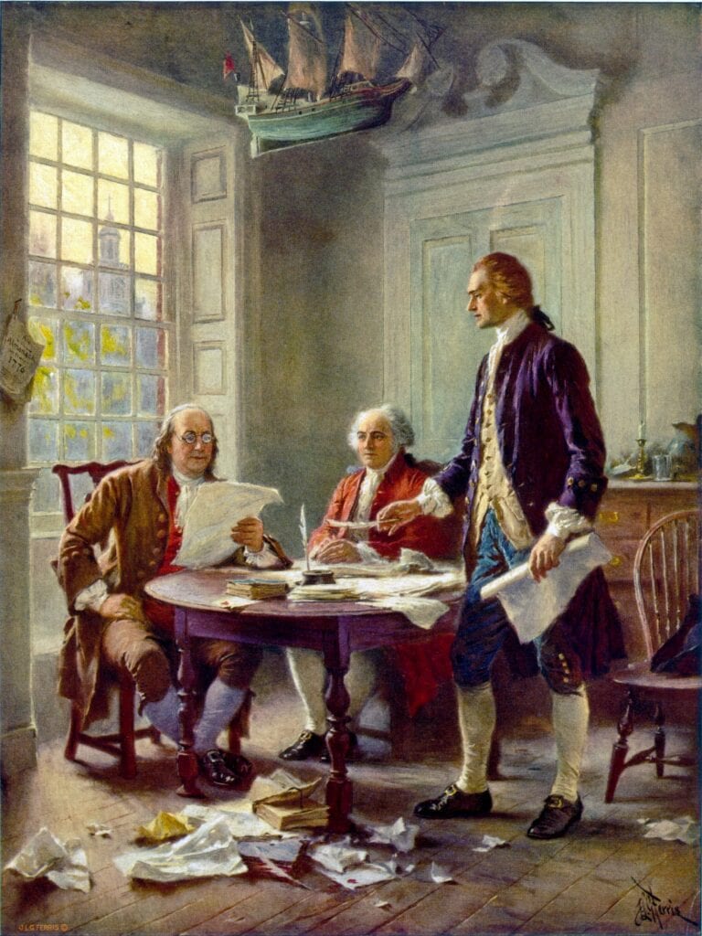 Jefferson, Franklin en Adams werken aan de Declaration of Independence