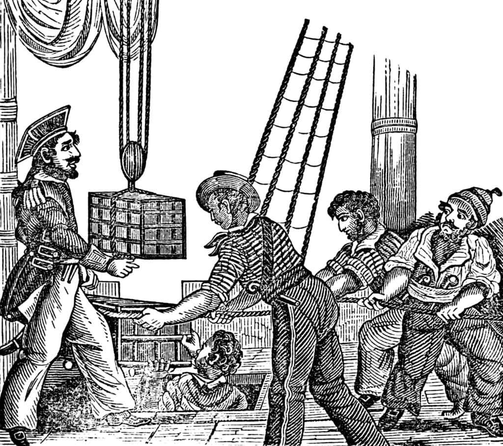 Piraat Henry Every neemt de buit van de veroverde Gang-i-Sawai aan boord