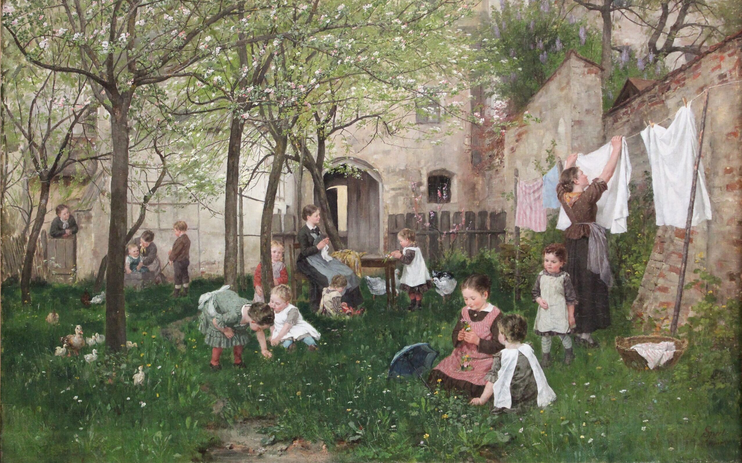 Kindergarten. Schilderij door Johann Sperl