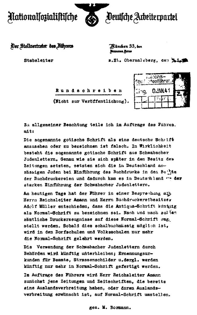 Schrifterlass waarin de nazi's het gebruik van Fraktur verbieden