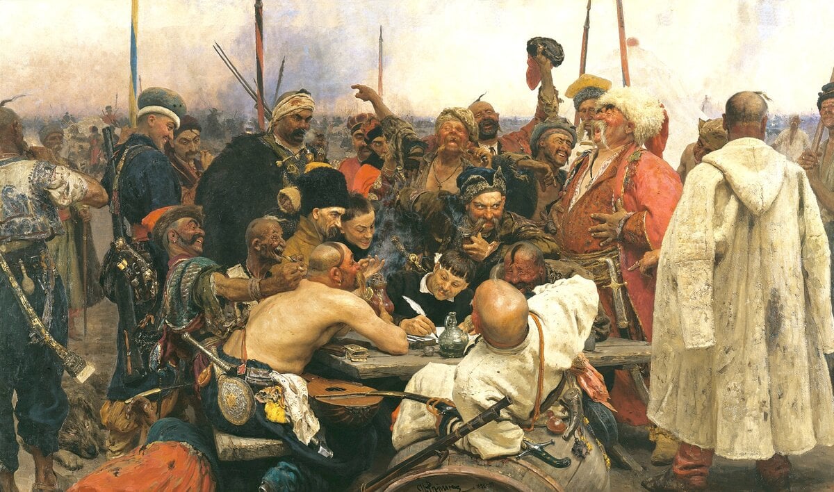 Kozakken schrijven de Turkse sultan een brief. Schilderij door Repin