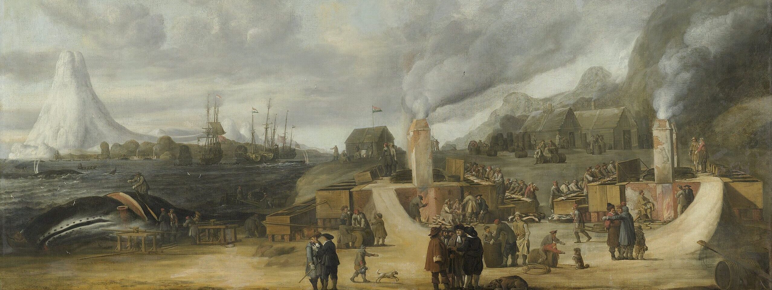 Nederlanders van de Groenlandse Compagnie zijn bezig met de walvisvaart