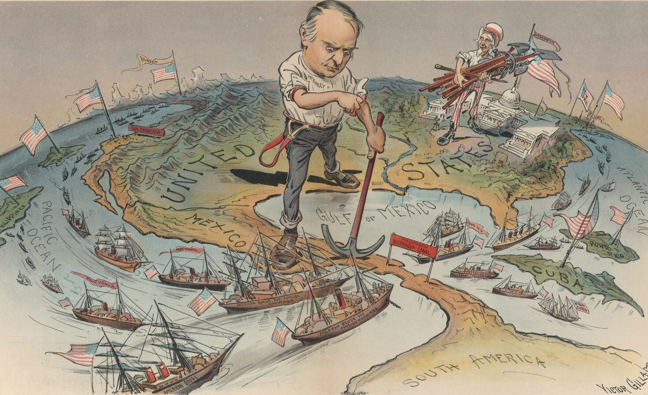 Politieke cartoon over Amerikaans imperialisme na de Spaans-Amerikaanse oorlog