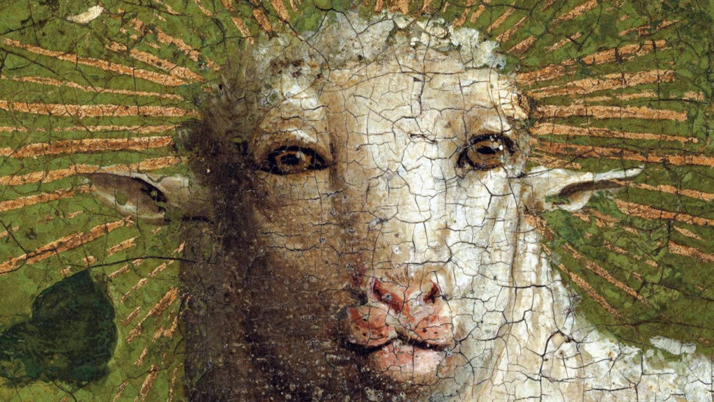 Detail Schaap restauratie, Het Lam Gods, 1432