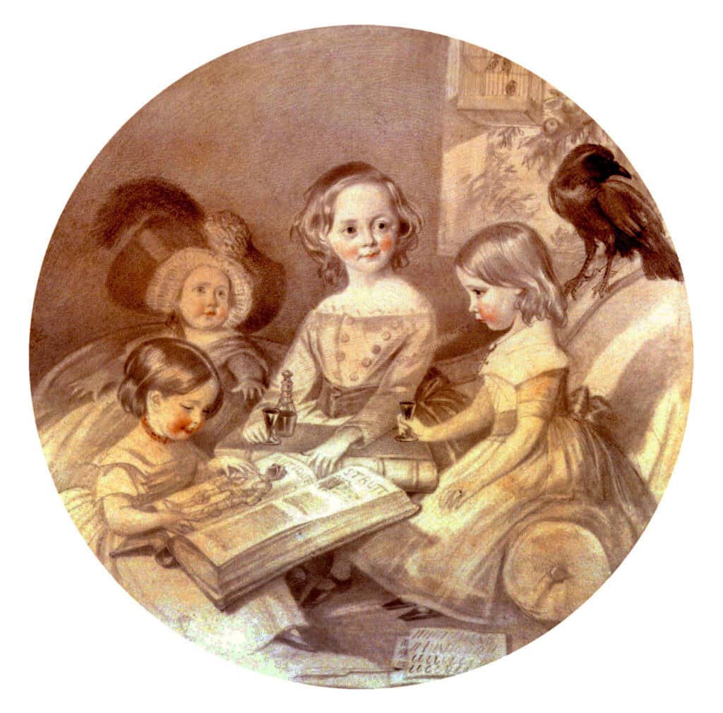 Kinderen van Charles Dickens met een raaf als huisdier